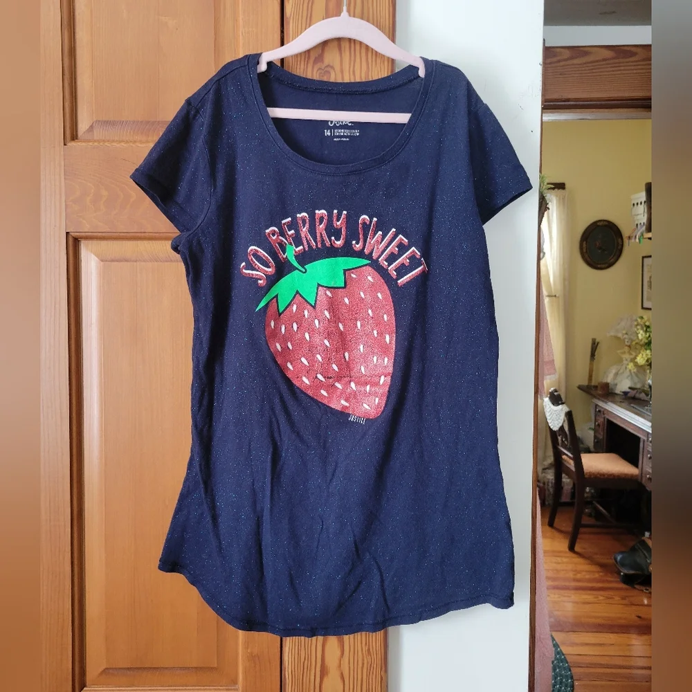 Justice Girls Navy Blue Graphic T-Shirt Top with Glitter Strawberry 14